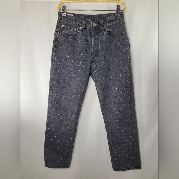 Levi's 501 Women's 26 Gray Studded Premium Denim Cropped straight leg jean - Picture 3 of 8